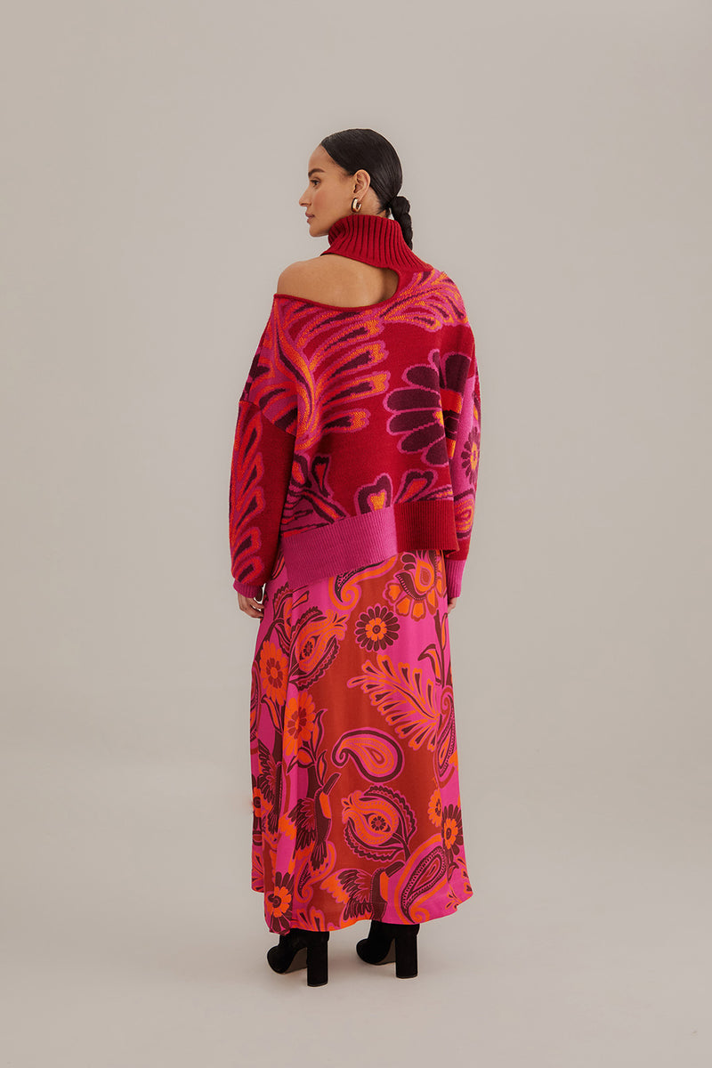 FARM-BOLD FLORAL PINK SATIN MAXI SKIRT-JUST BRAZIL