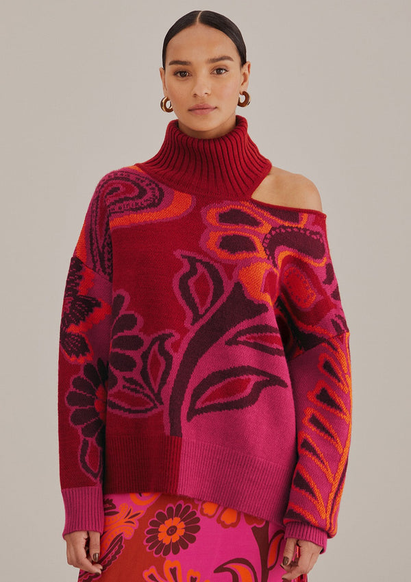 FARM-BOLD FLORAL PINK NECK KNIT SWEATER-JUST BRAZIL