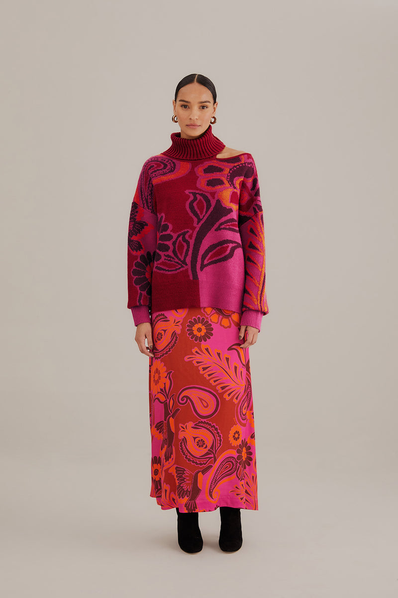 FARM-BOLD FLORAL PINK NECK KNIT SWEATER-JUST BRAZIL