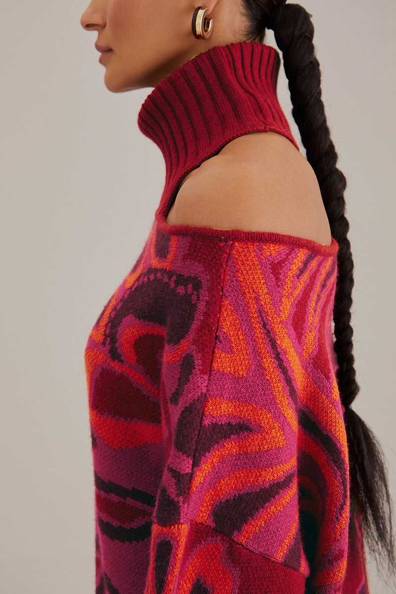 FARM-BOLD FLORAL PINK NECK KNIT SWEATER-JUST BRAZIL