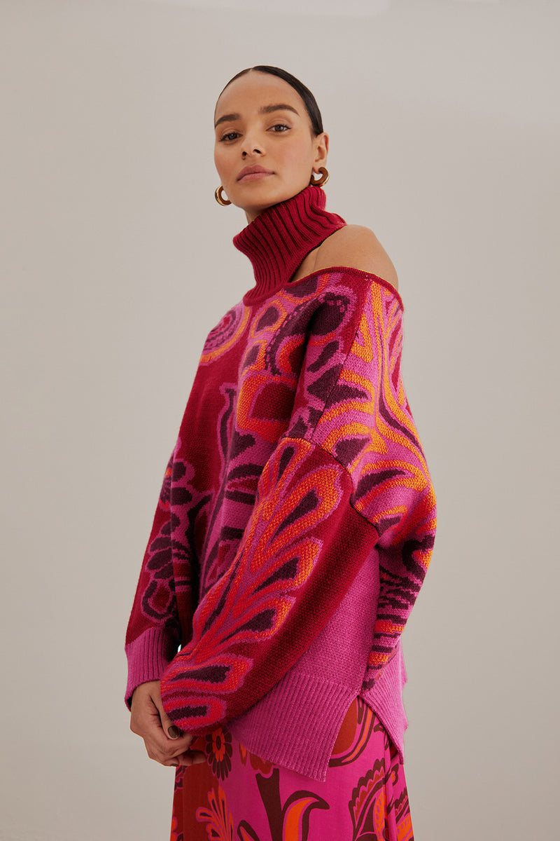 FARM-BOLD FLORAL PINK NECK KNIT SWEATER-JUST BRAZIL