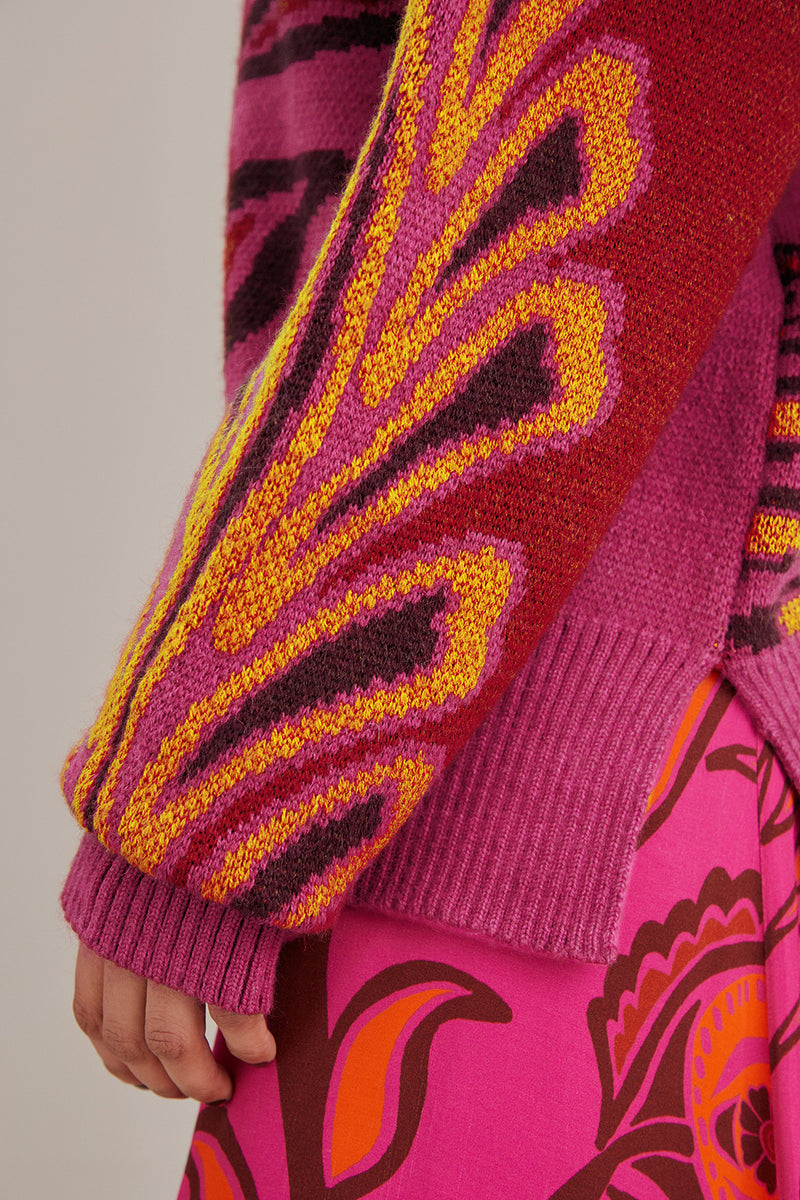 FARM-BOLD FLORAL PINK NECK KNIT SWEATER-JUST BRAZIL