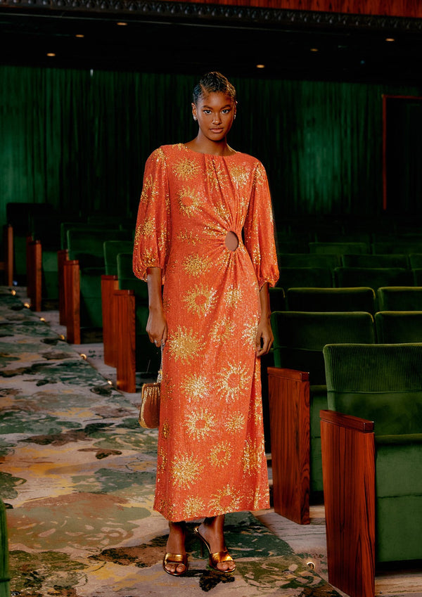 Sunny Mood Orange Sequin Cut Out Midi Dress
