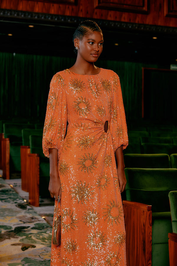 Sunny Mood Orange Sequin Cut Out Midi Dress