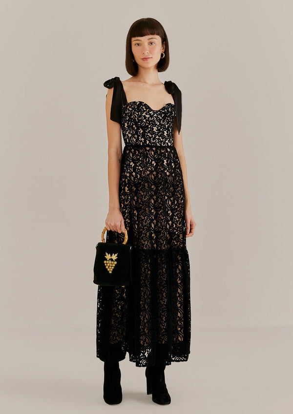 FARM-BLACK VELVET LACE SLEEVELESS MAXI DRESS-JUST BRAZIL