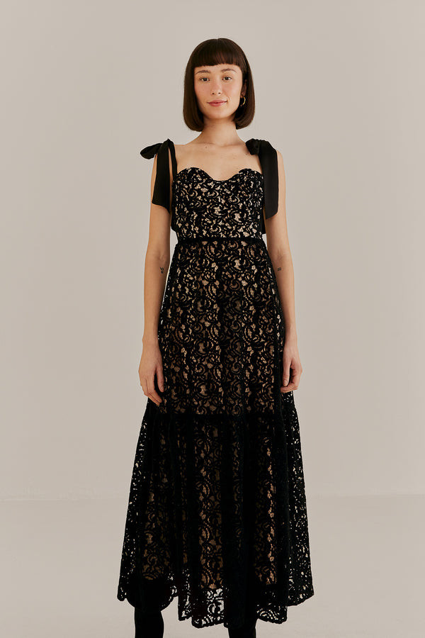 FARM-BLACK VELVET LACE SLEEVELESS MAXI DRESS-JUST BRAZIL