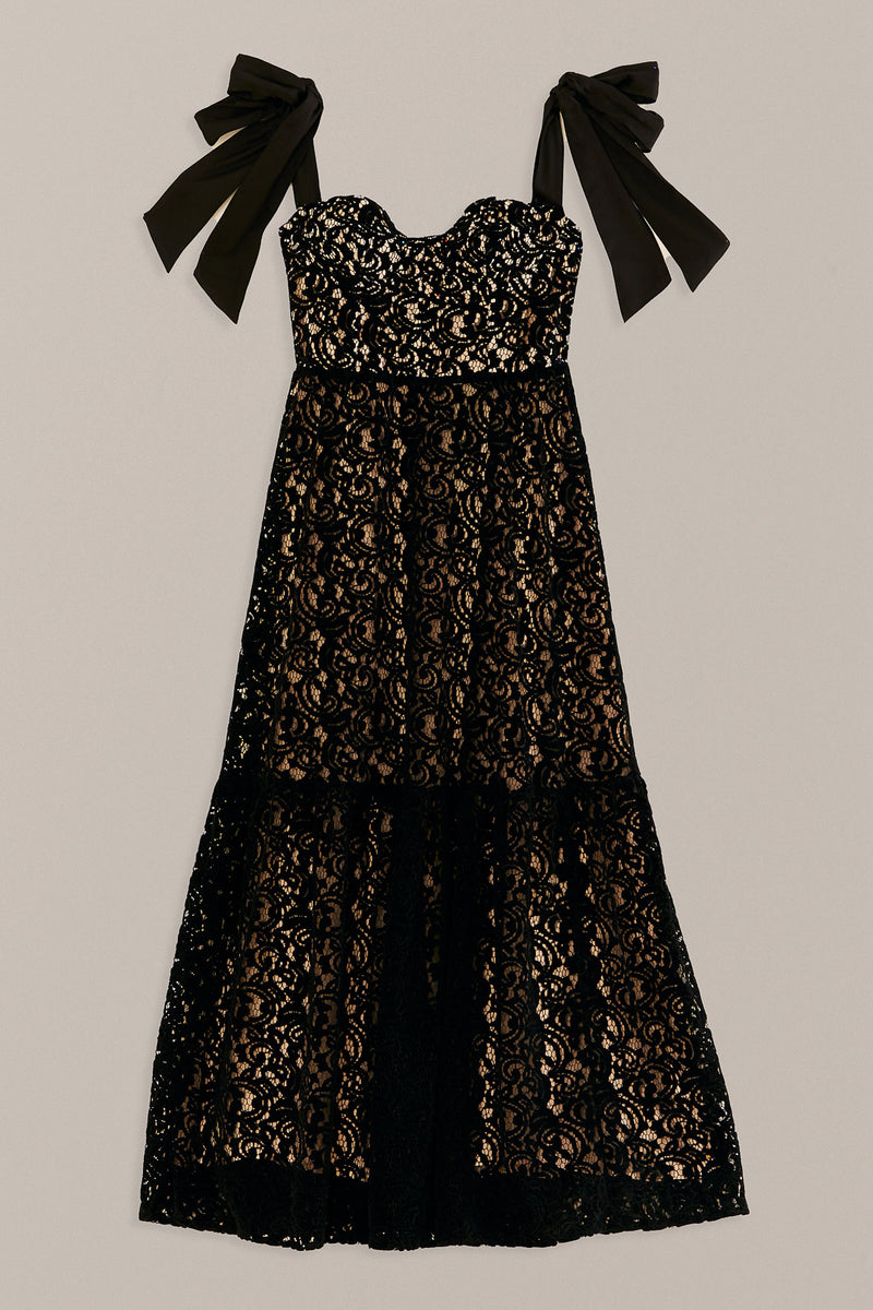 FARM-BLACK VELVET LACE SLEEVELESS MAXI DRESS-JUST BRAZIL