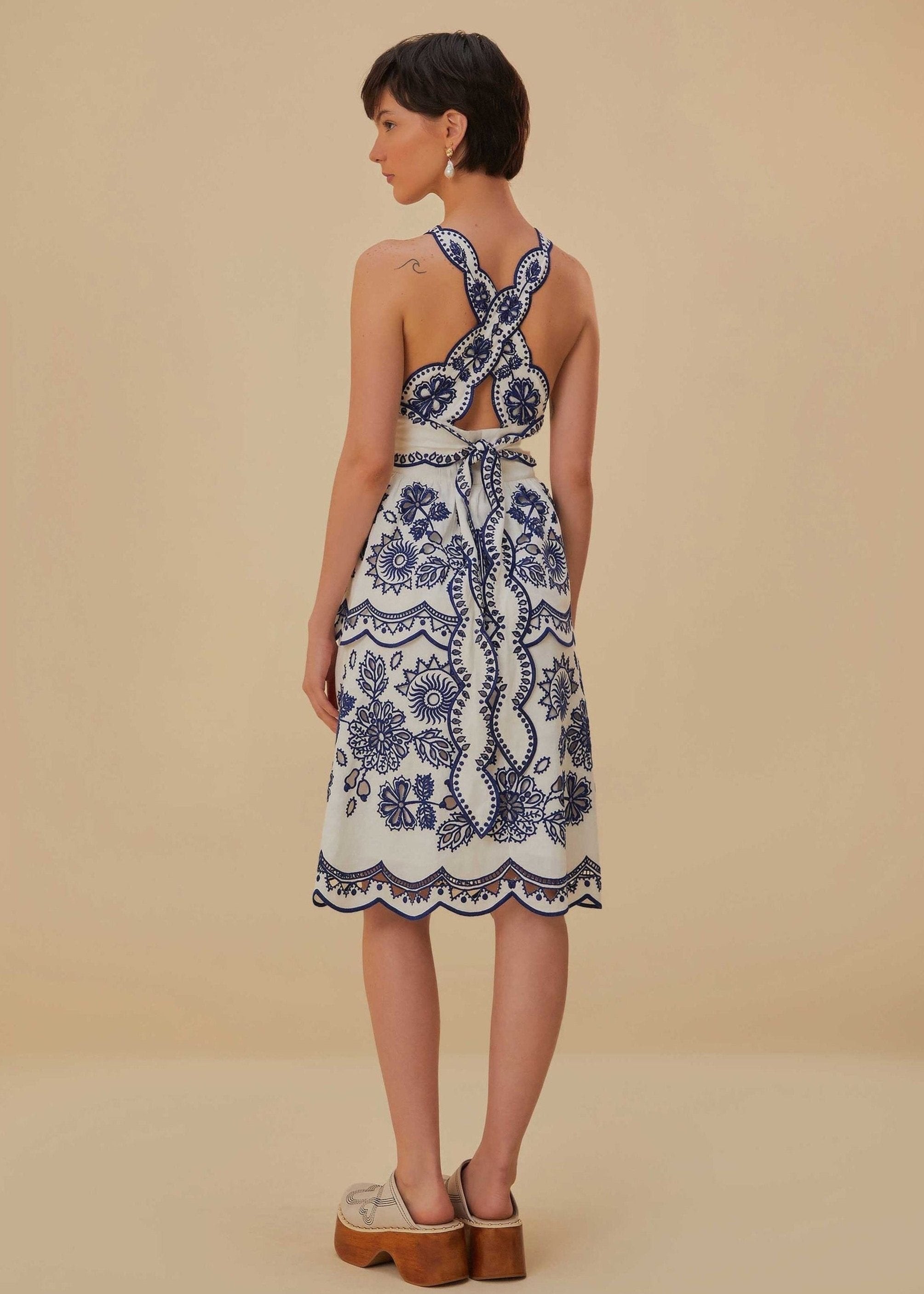 white richelieu sleeveless midi dress Farm Rio Active Richelieu Sleeveless Midi Dress - Off-White
