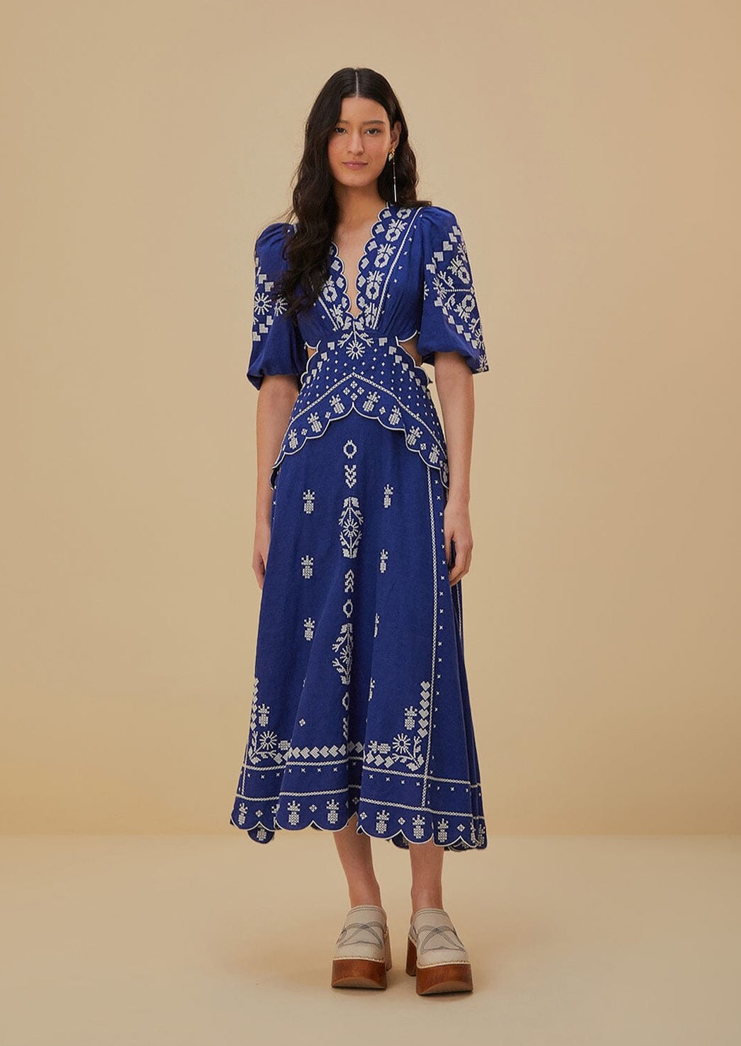 Blue Embroidered Short Sleeve Cut Out Midi Dress