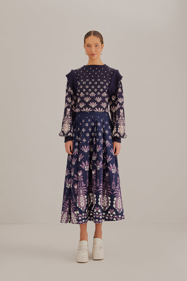 FARM-AINIKA MARINA DARK BLUE MIDI SKIRT-JUST BRAZIL