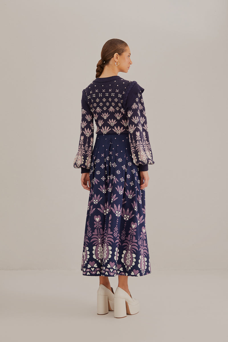 FARM-AINIKA MARINA DARK BLUE MIDI SKIRT-JUST BRAZIL