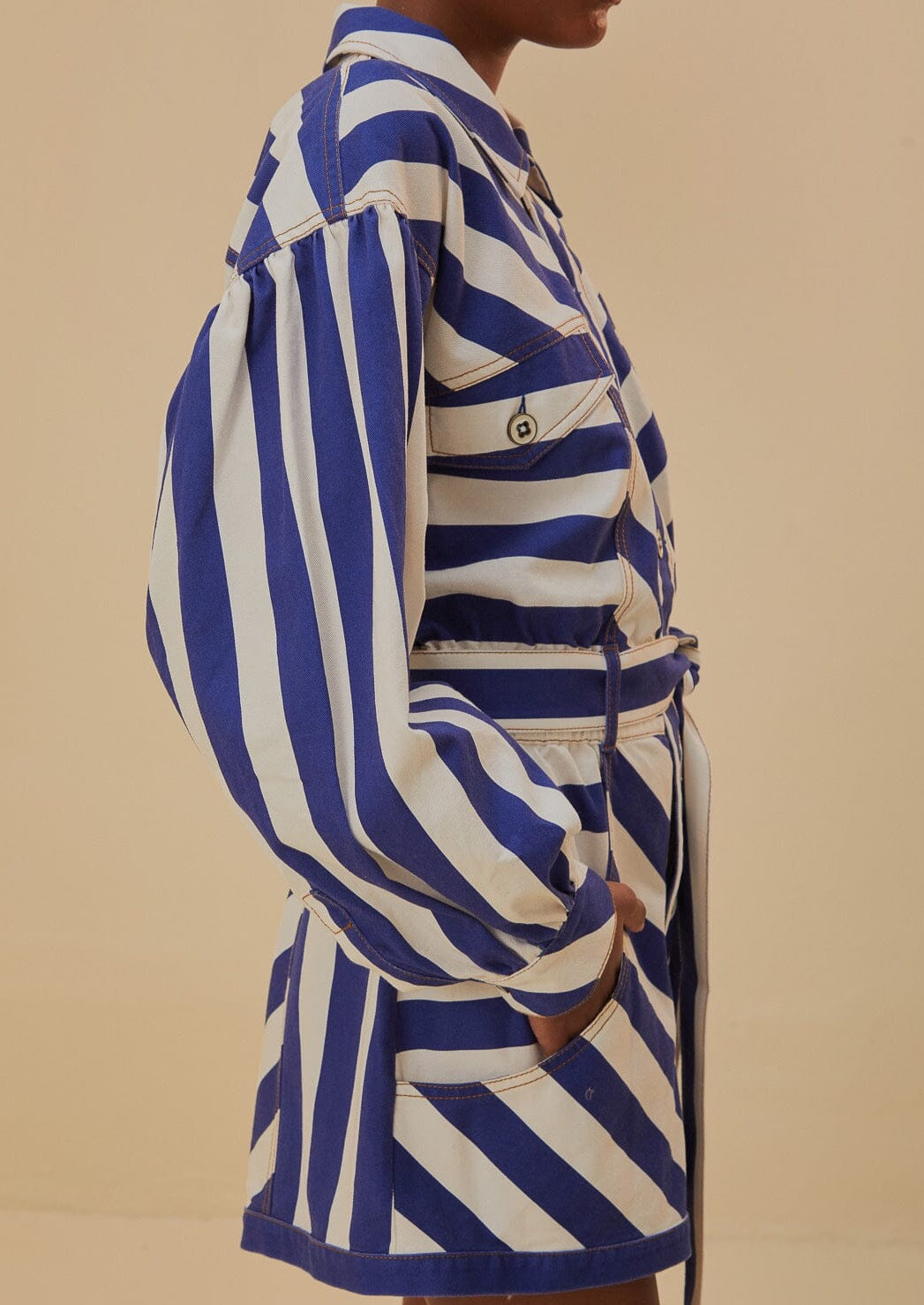 Blue And White Stripe Shorts Jumpsuit
