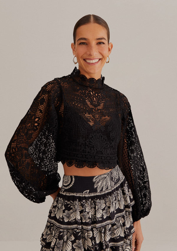 FARM-BLACK GUIPURE LONG SLEEVE BLOUSE-JUST BRAZIL