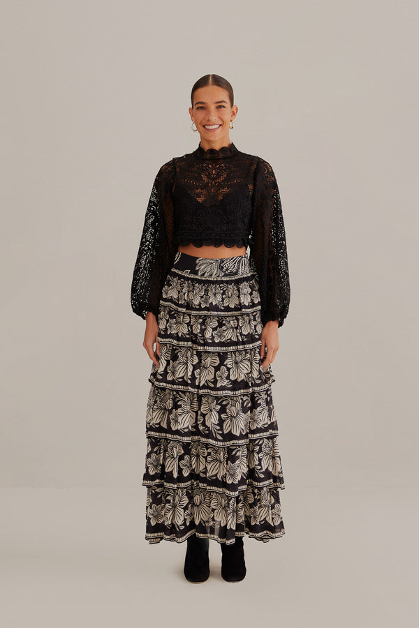 FARM-BLACK GUIPURE LONG SLEEVE BLOUSE-JUST BRAZIL