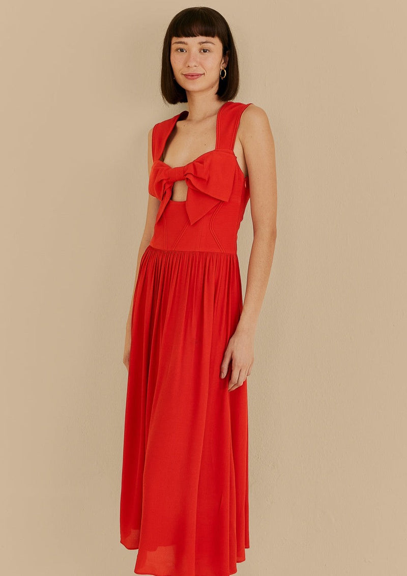 FARM-RED BOW DETAIL SLEEVELESS DRESS-JUST BRAZIL