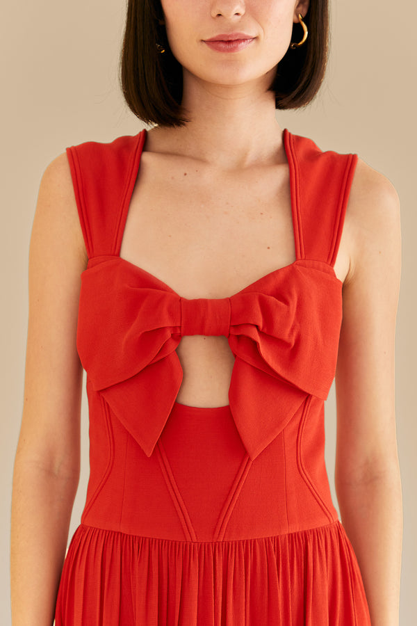 FARM-RED BOW DETAIL SLEEVELESS DRESS-JUST BRAZIL