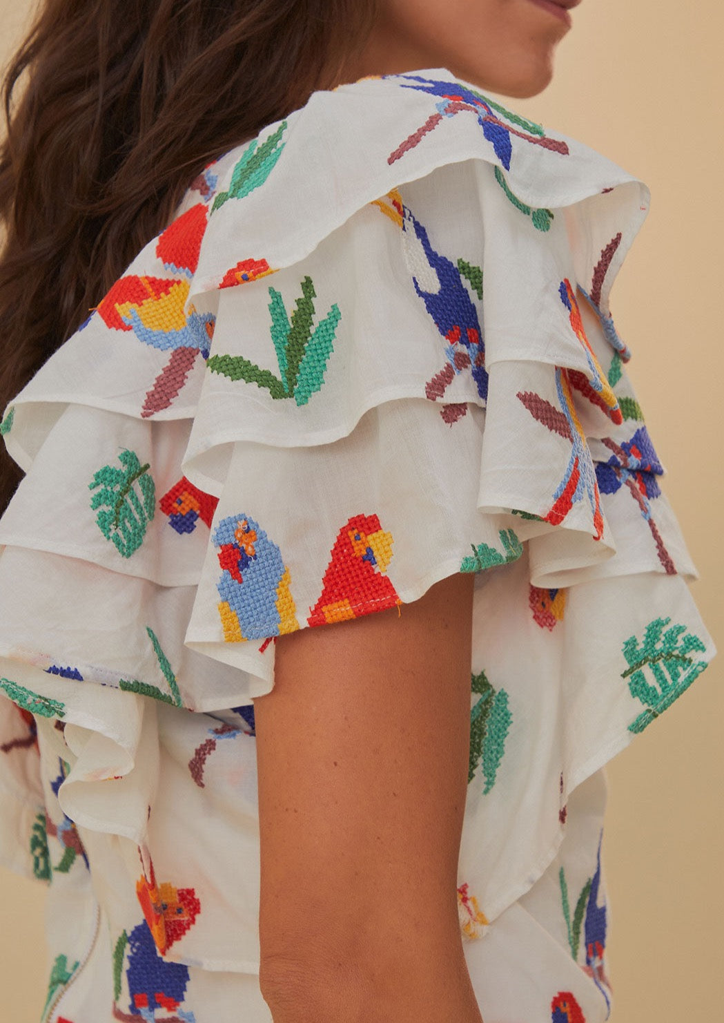 Off White Stitched Birds Blouse Short Sleeves