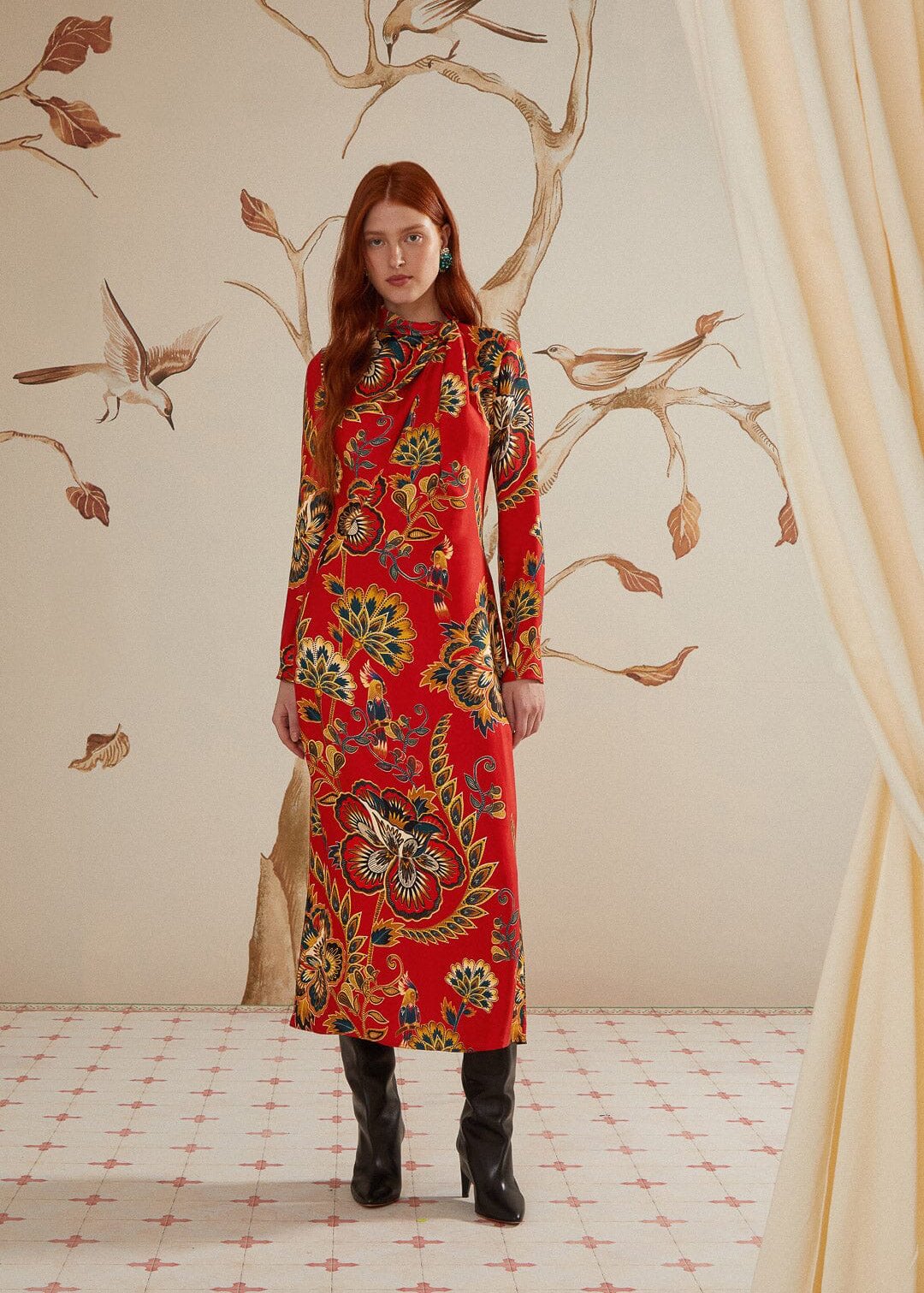 Maxi Floral Red Cutout Neckline Long Sleeve Midi Dress