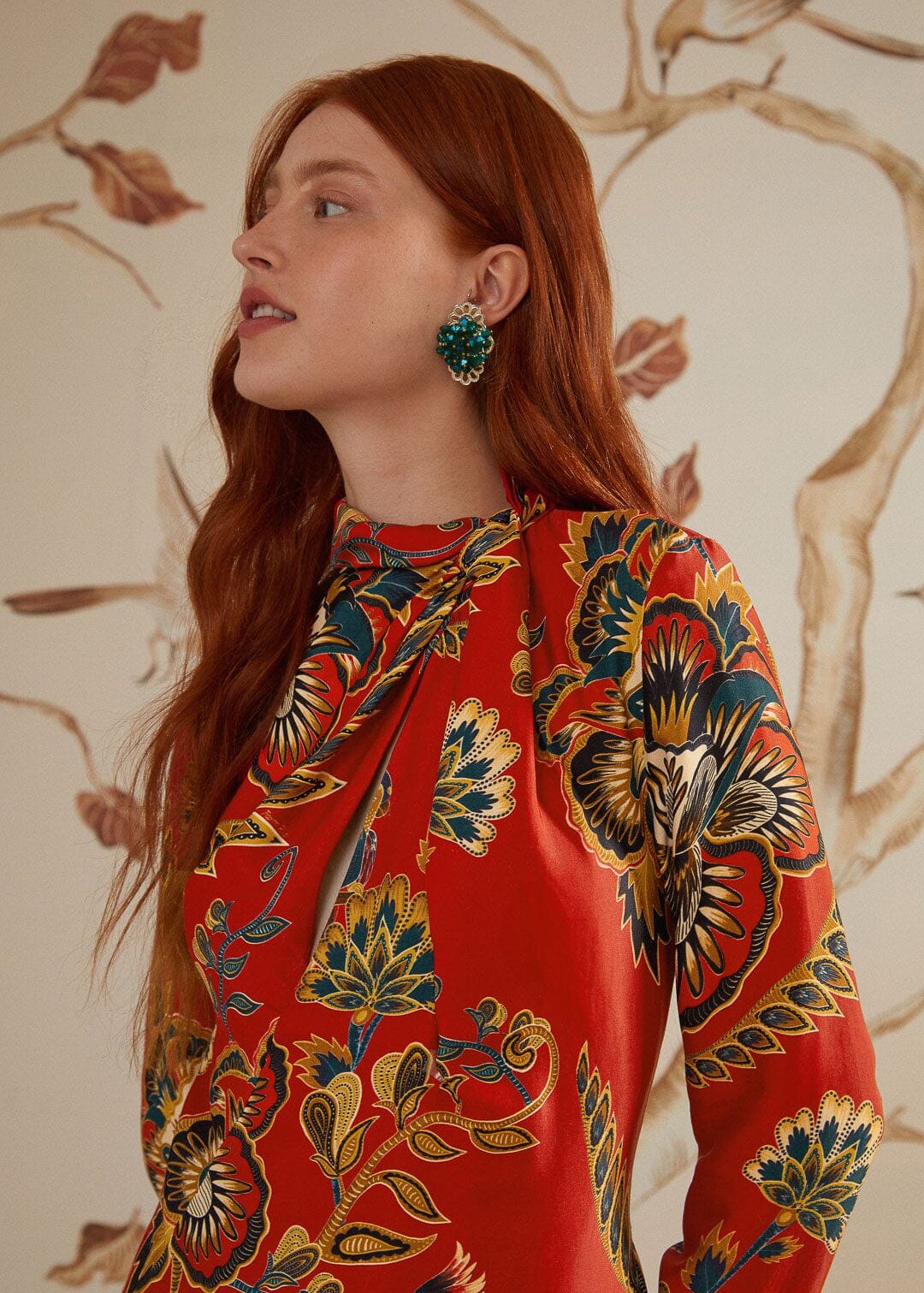 Maxi Floral Red Cutout Neckline Long Sleeve Midi Dress