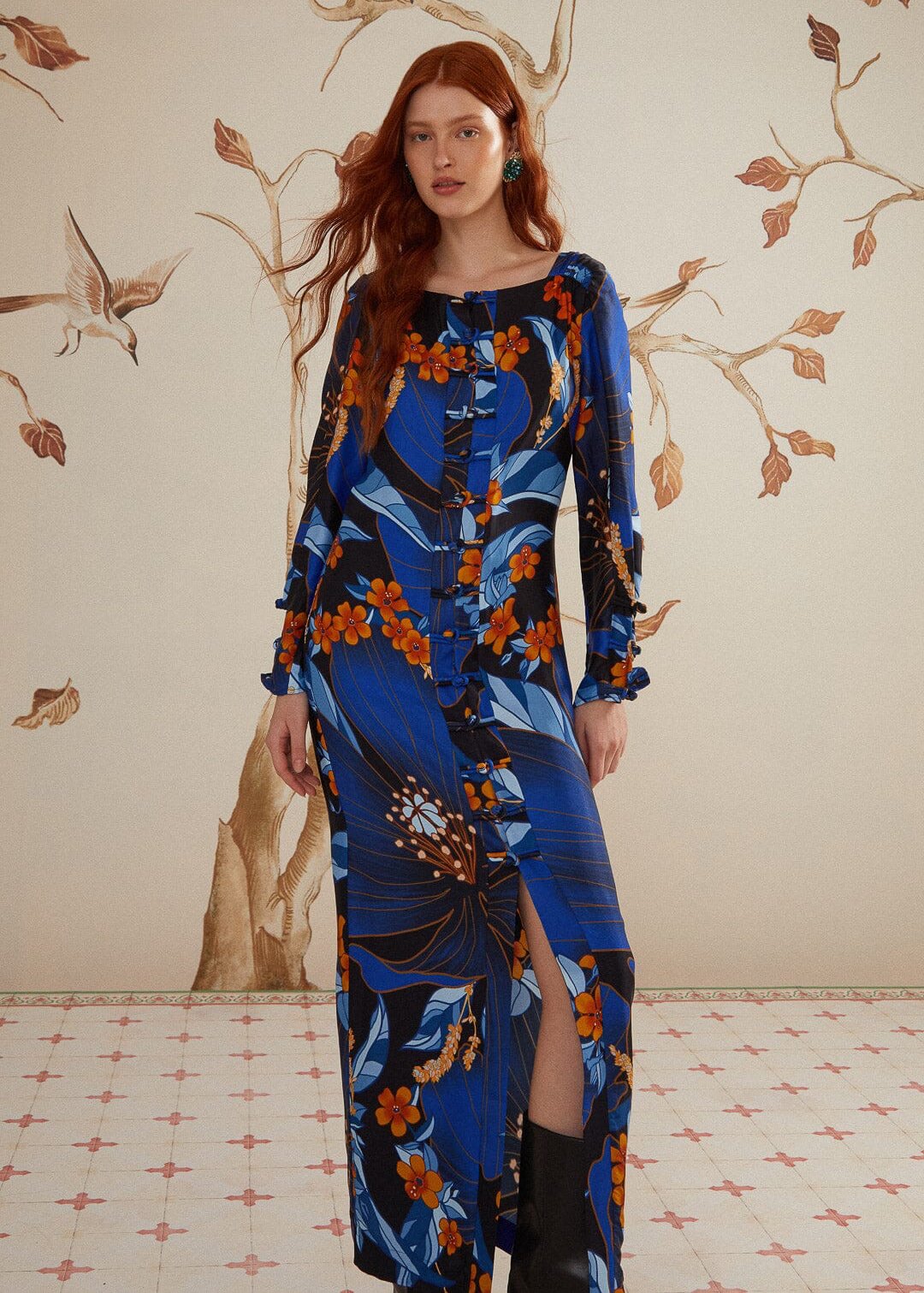 Pietra Floral Black Long Sleeve Midi Dress