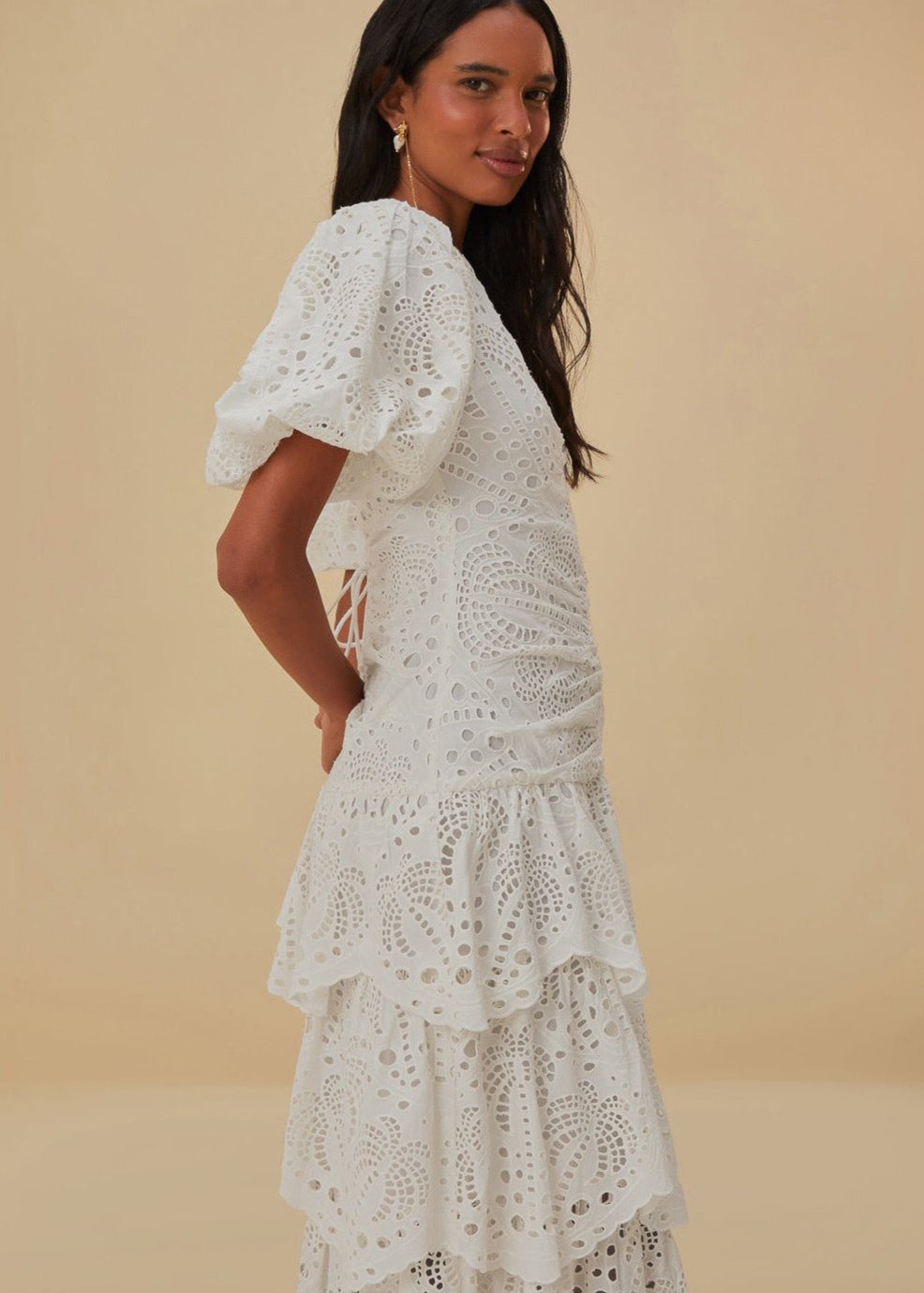 White Cotton Eyelet V Neckline Puffed Sleeve Midi Dress