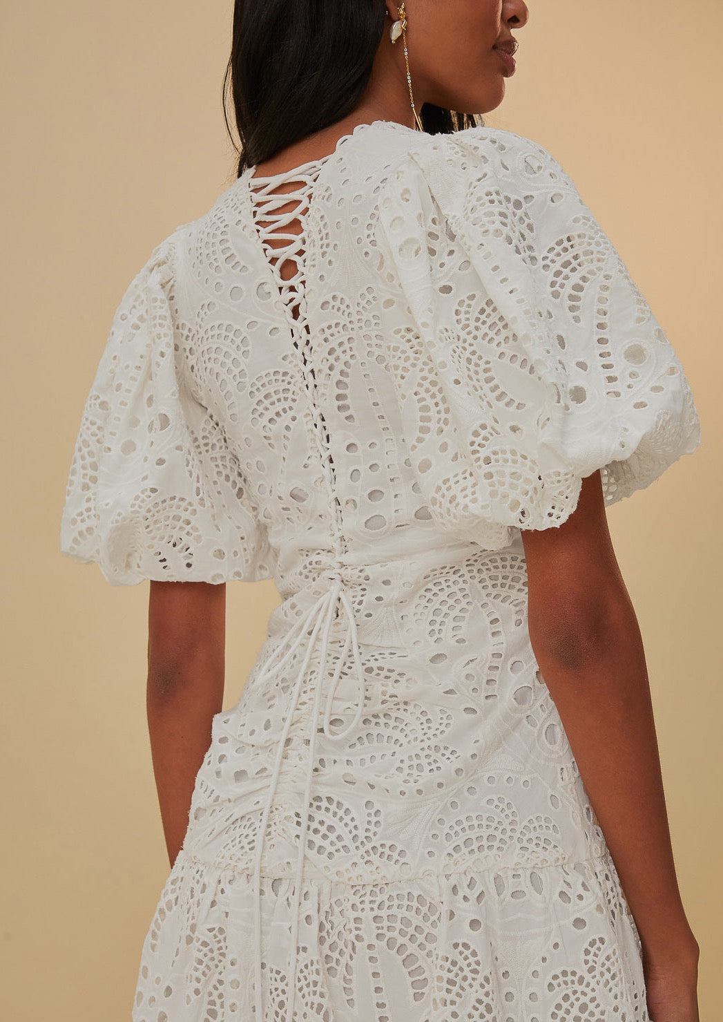 White Cotton Eyelet V Neckline Puffed Sleeve Midi Dress