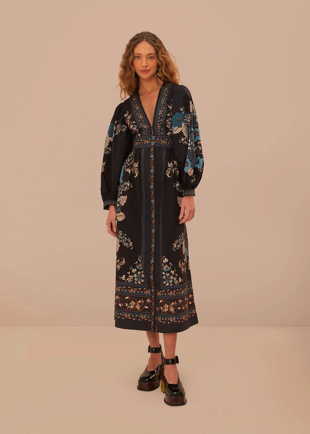 Blossom Tapestry Black Midi Dress