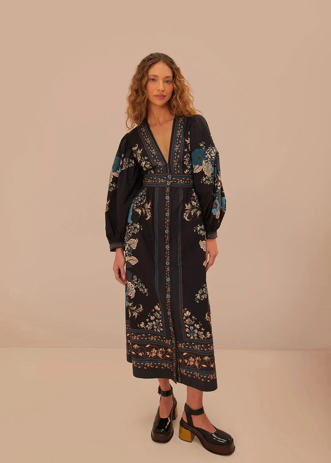Blossom Tapestry Black Midi Dress
