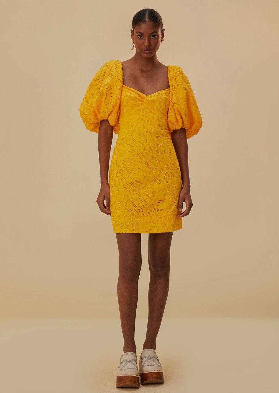 Monstera Eyelet Yellow Short Sleeve Mini Dress