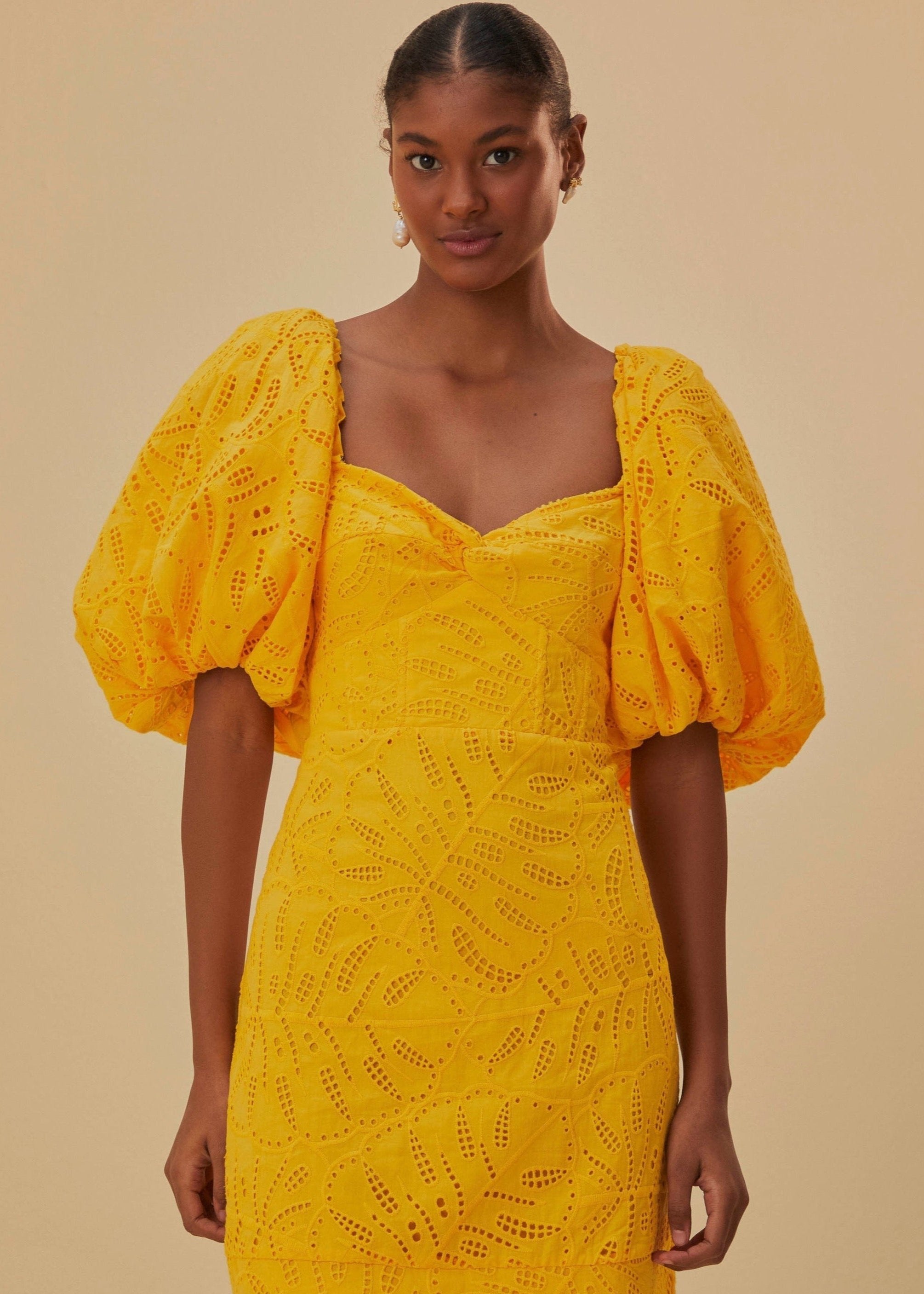 Monstera Eyelet Yellow Short Sleeve Mini Dress
