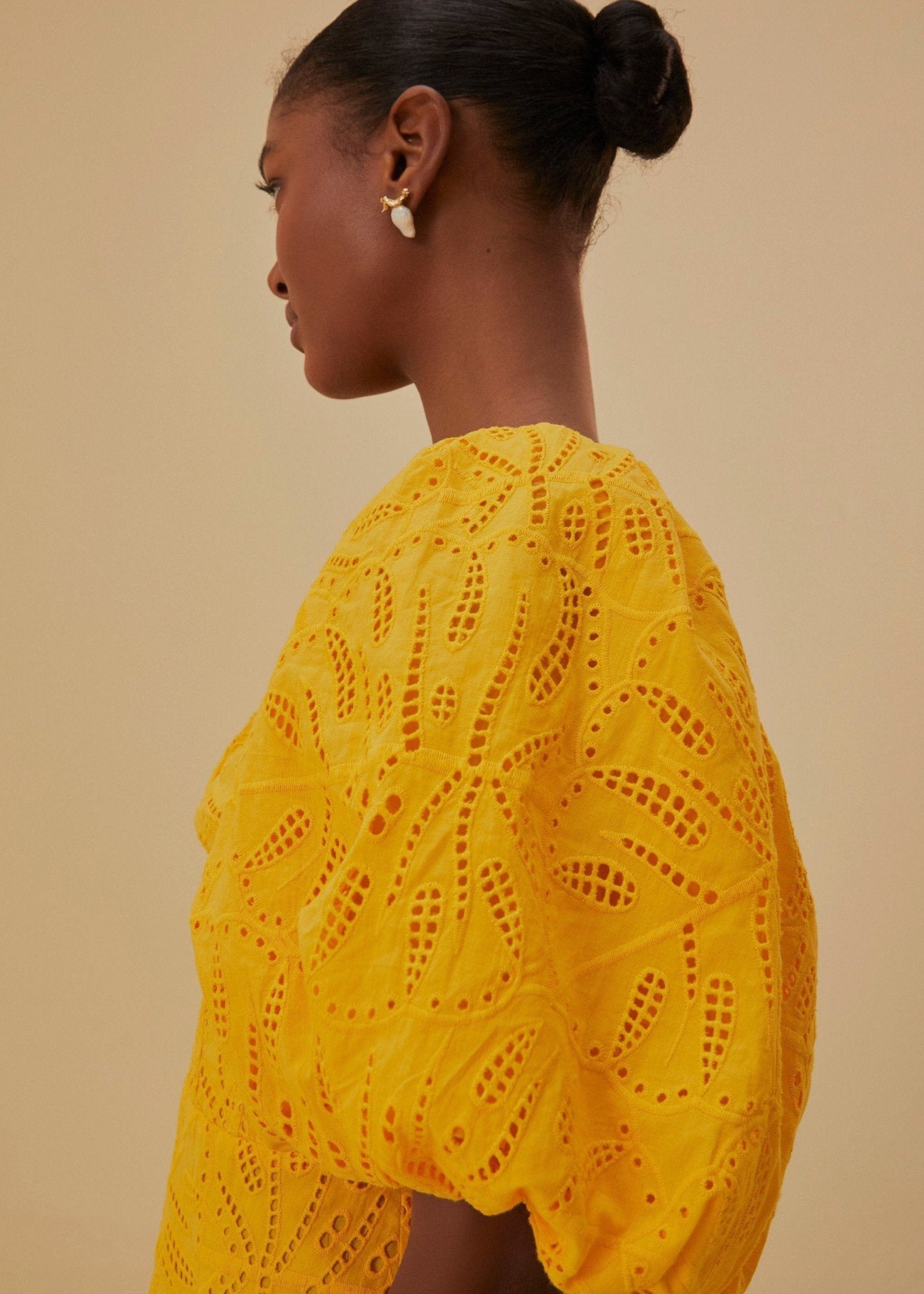Monstera Eyelet Yellow Short Sleeve Mini Dress