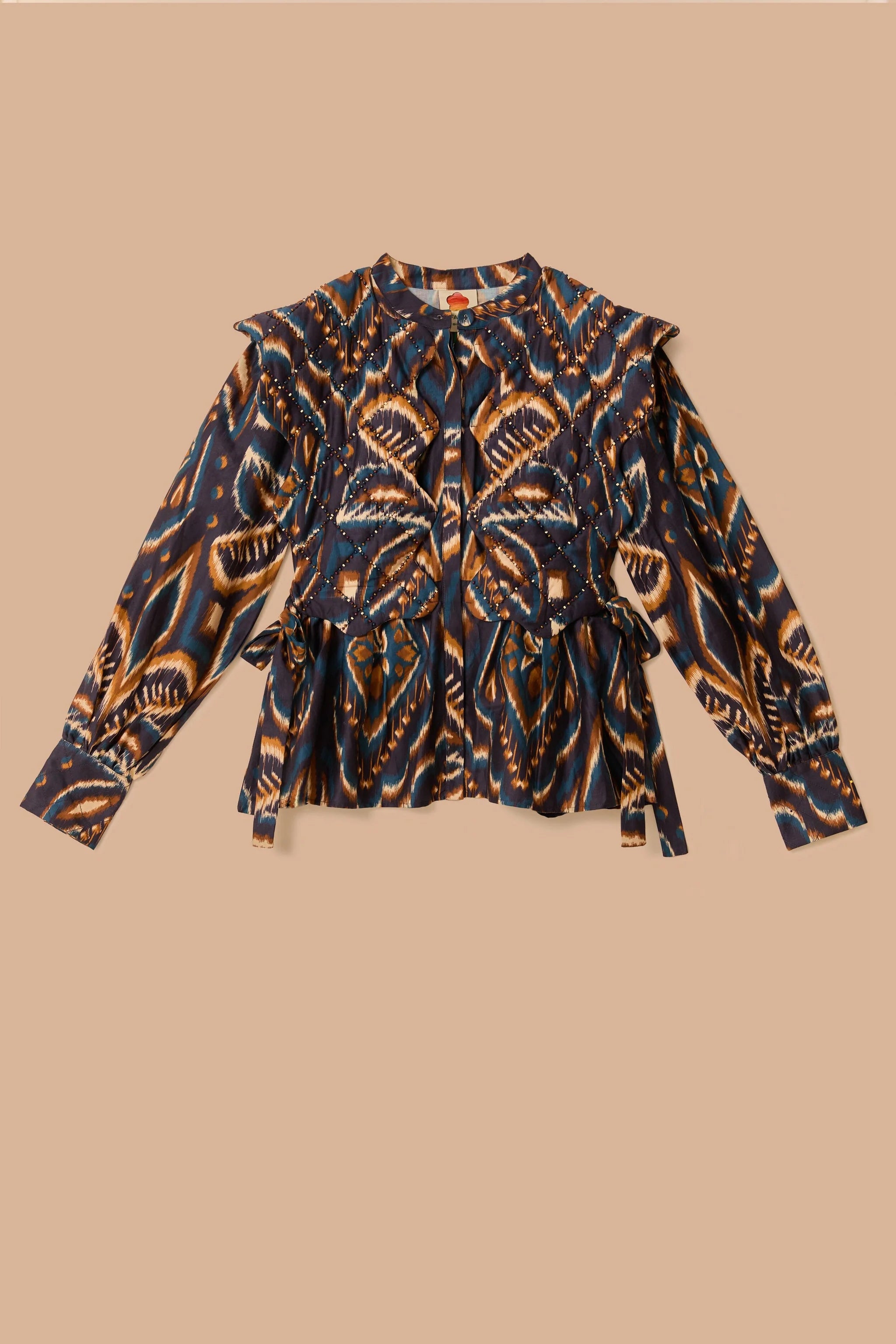 Pineapple Ikat Blue Long Sleeve Matelasse Blouse
