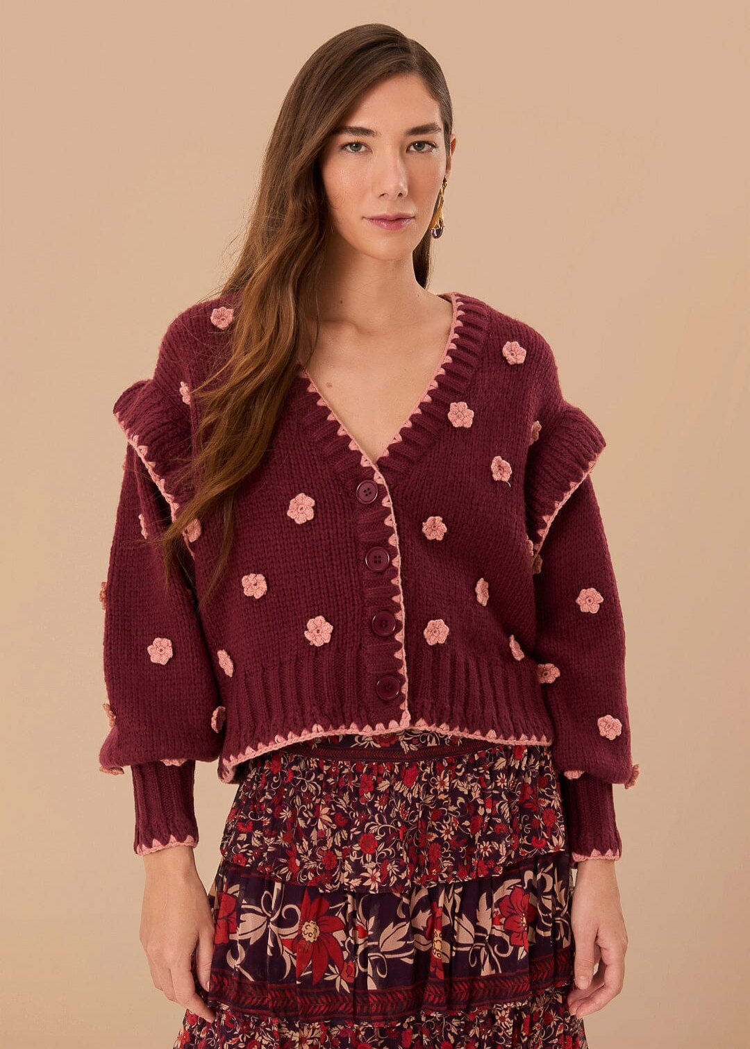 Burgundy Crochet Flowers Knit Cardigan