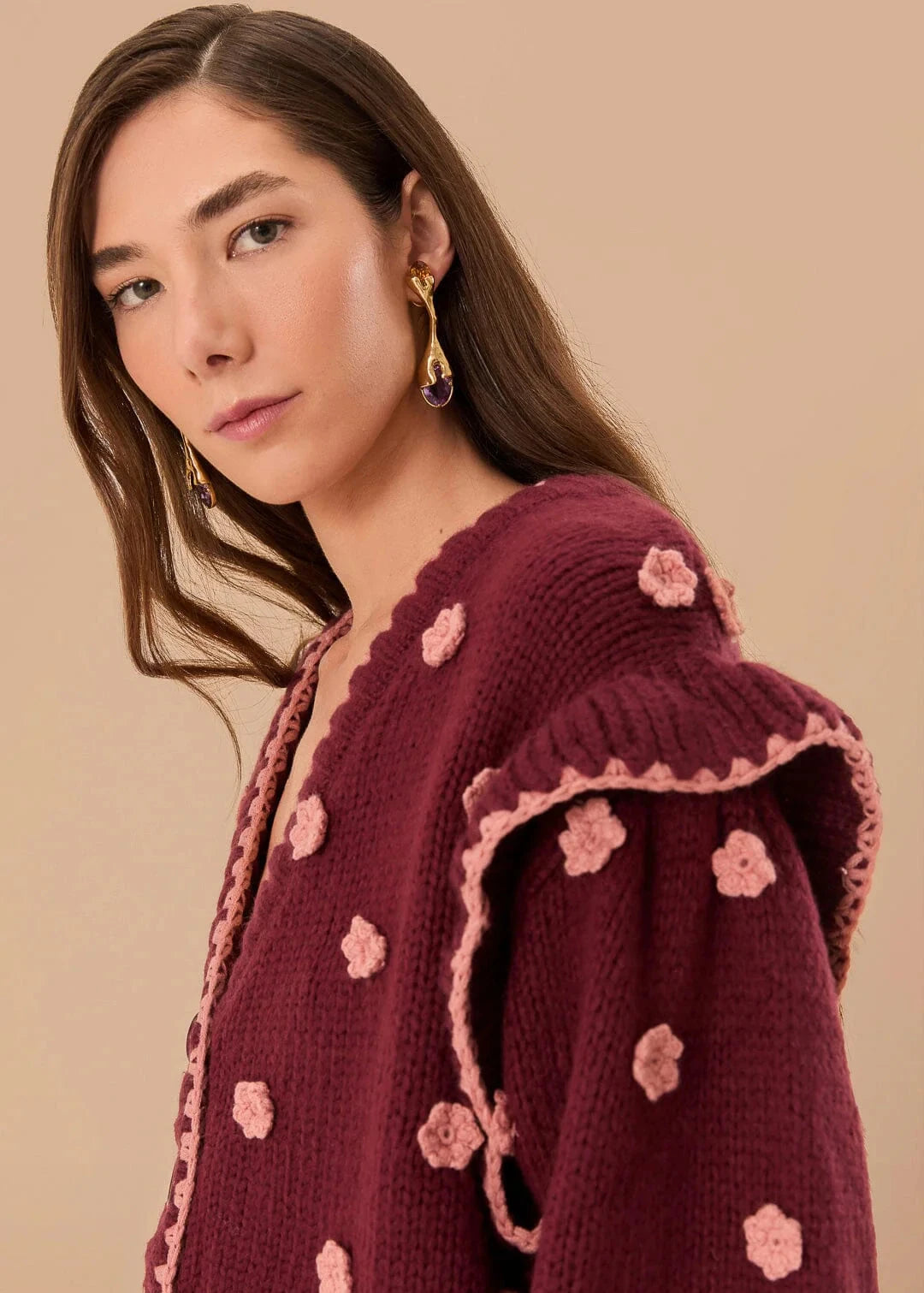 Burgundy Crochet Flowers Knit Cardigan