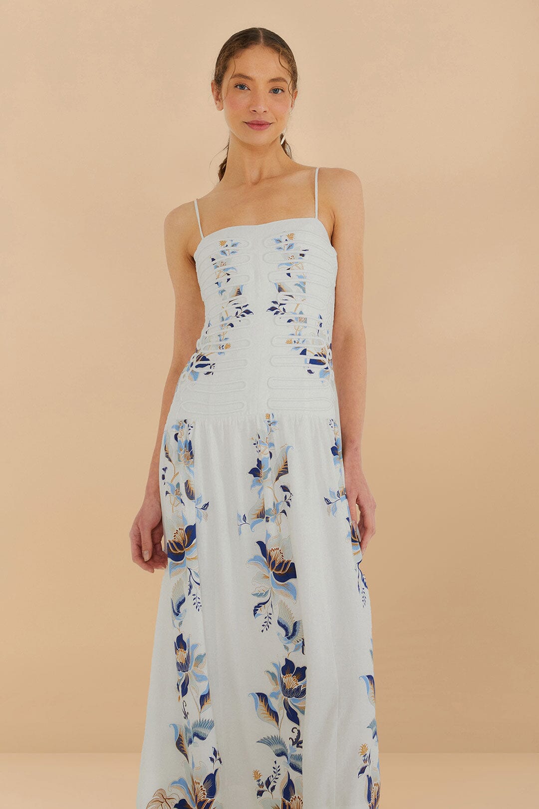 Mystic Blue Lotus Dreamscape Off-White Sleeveless Midi Dress