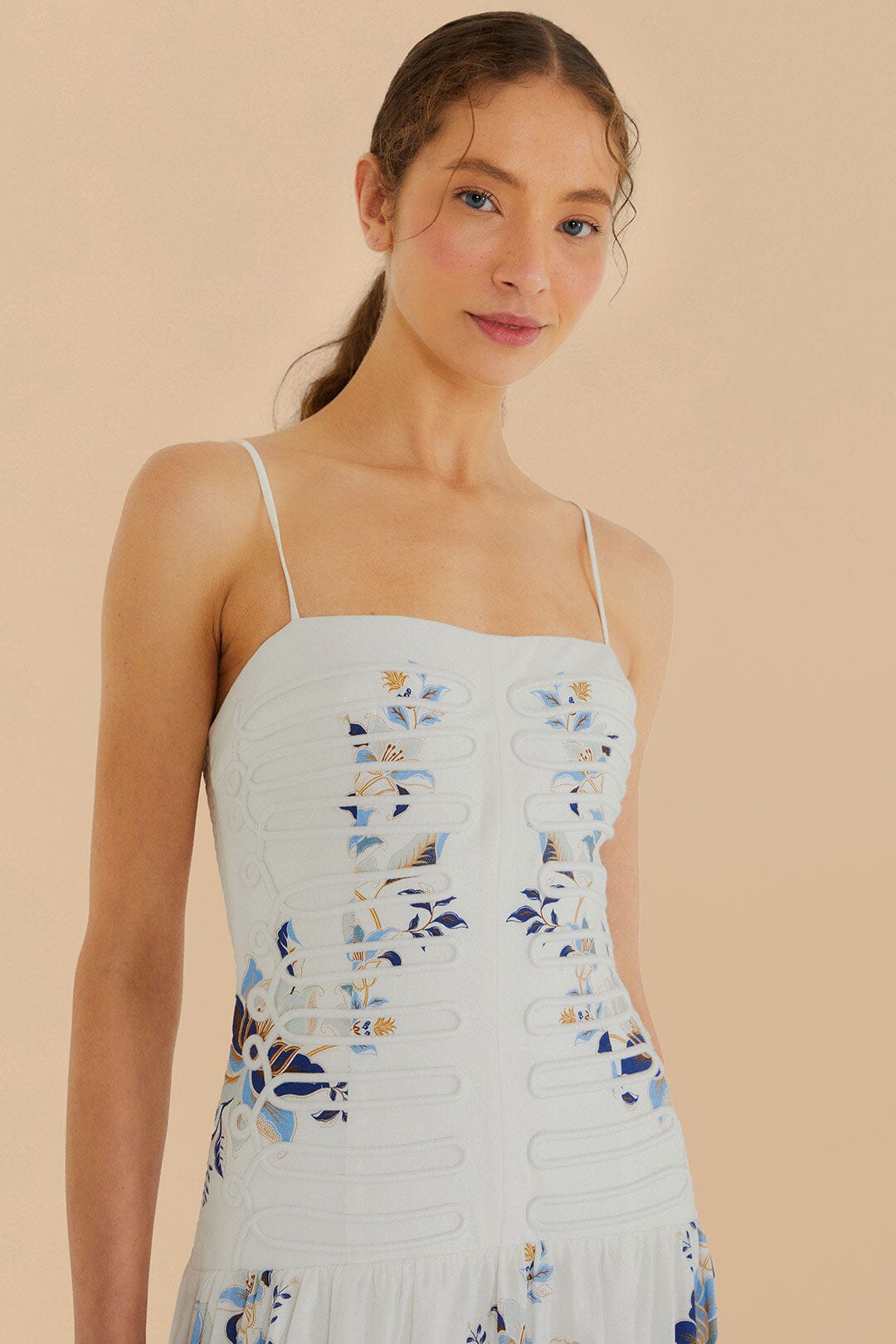 Mystic Blue Lotus Dreamscape Off-White Sleeveless Midi Dress