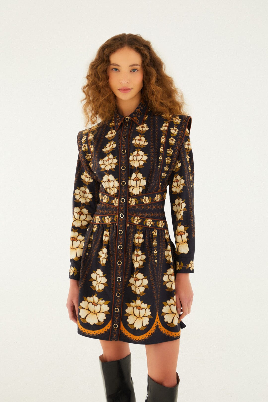 Embroidered Flowers Black Topstitching Short Dress