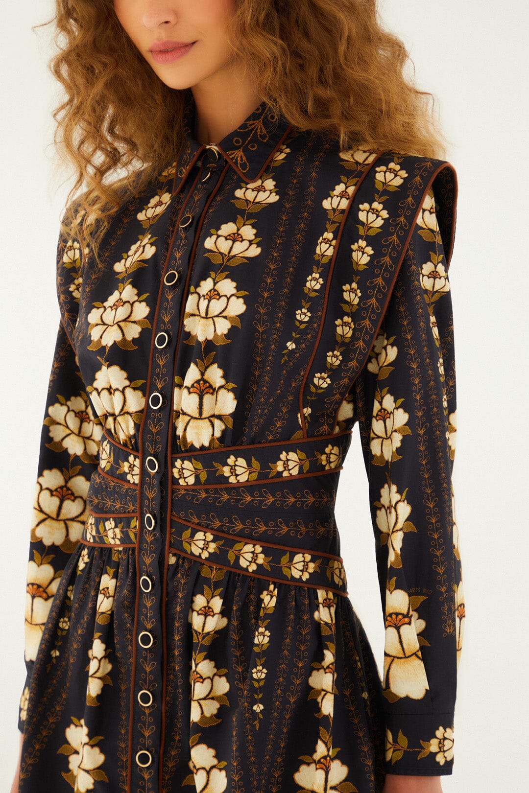 Embroidered Flowers Black Topstitching Short Dress