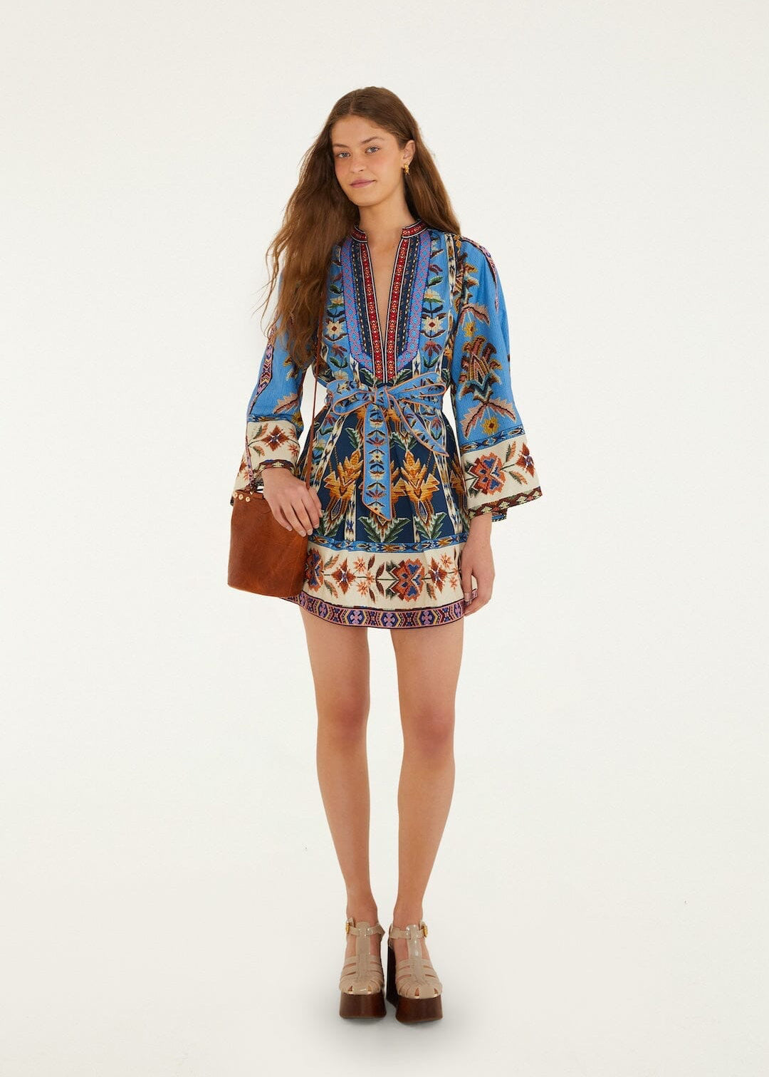 Blue Embroidered Tapestry Mini Dress