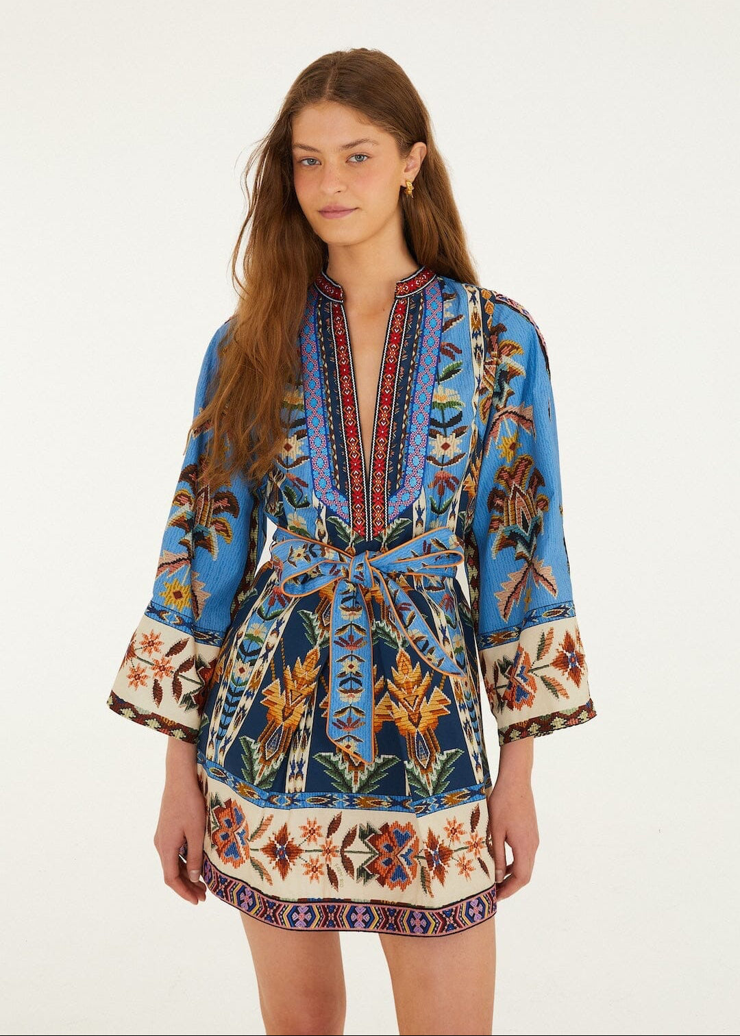 Blue Embroidered Tapestry Mini Dress