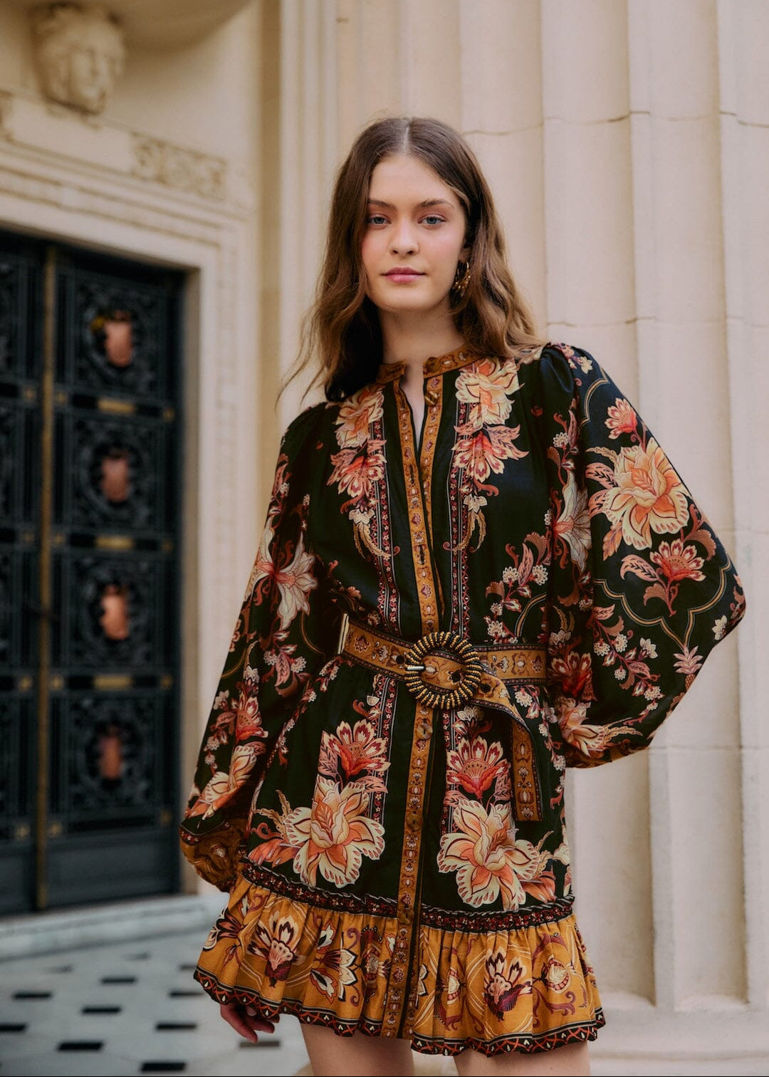 Black Majestic Garden Long Sleeve Mini Dress