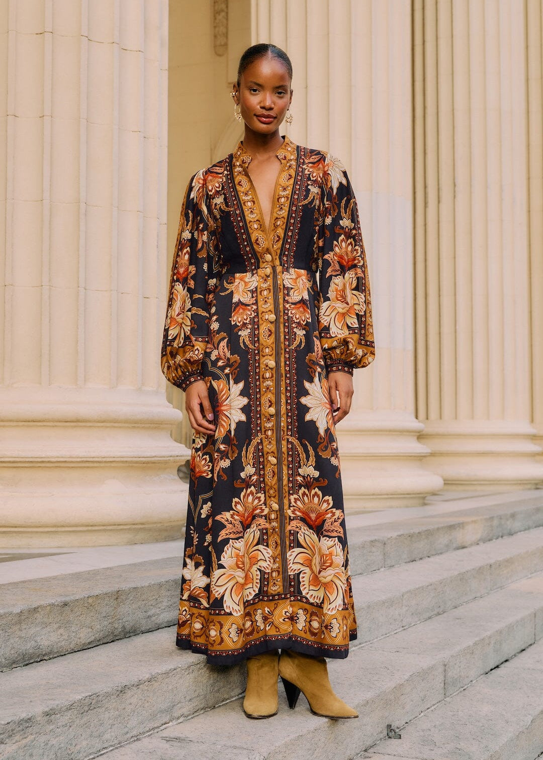 Black Majestic Garden Puff Sleeve Maxi Dress