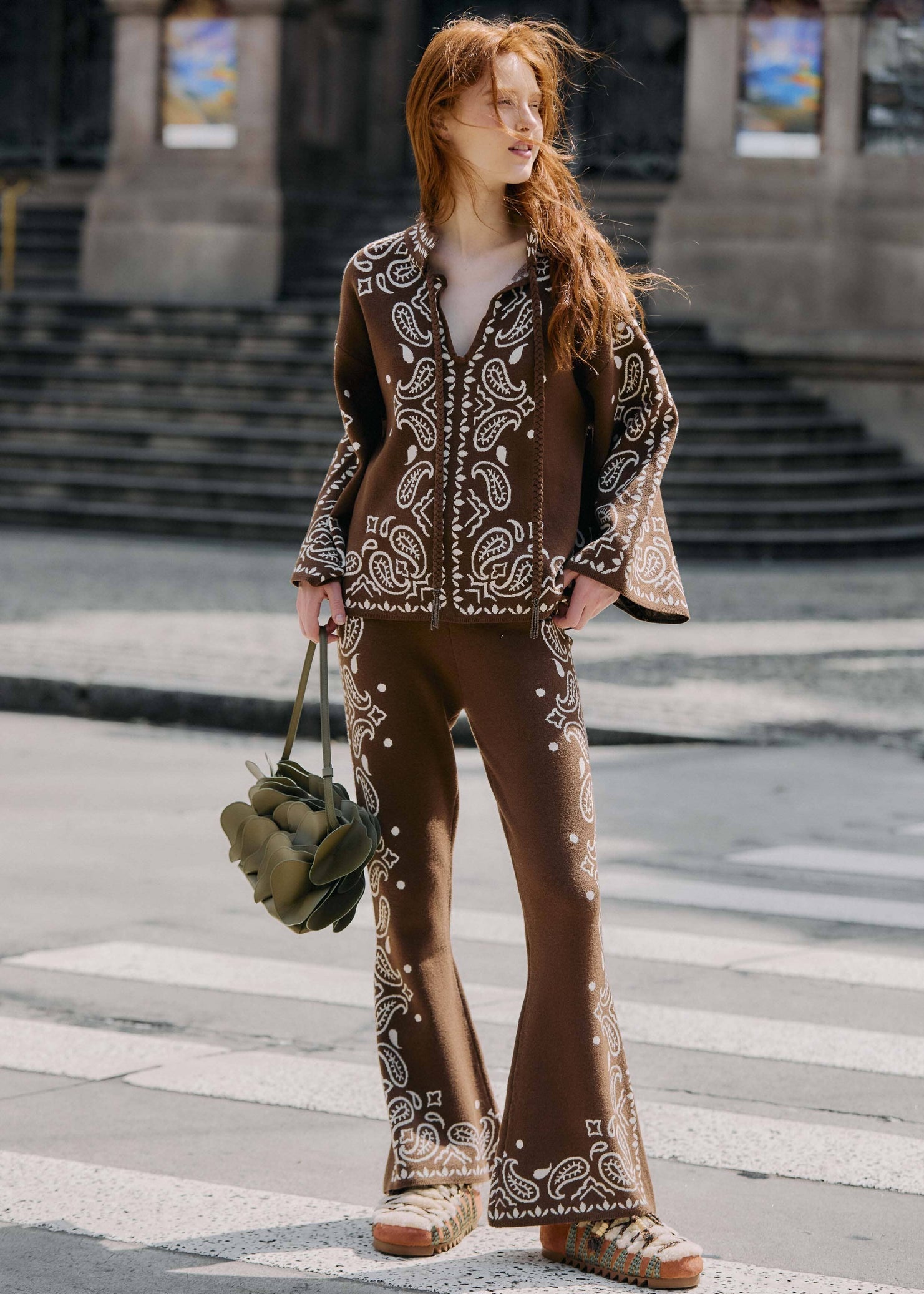 Brown Bohemian Paisley Knit  Flare Pants