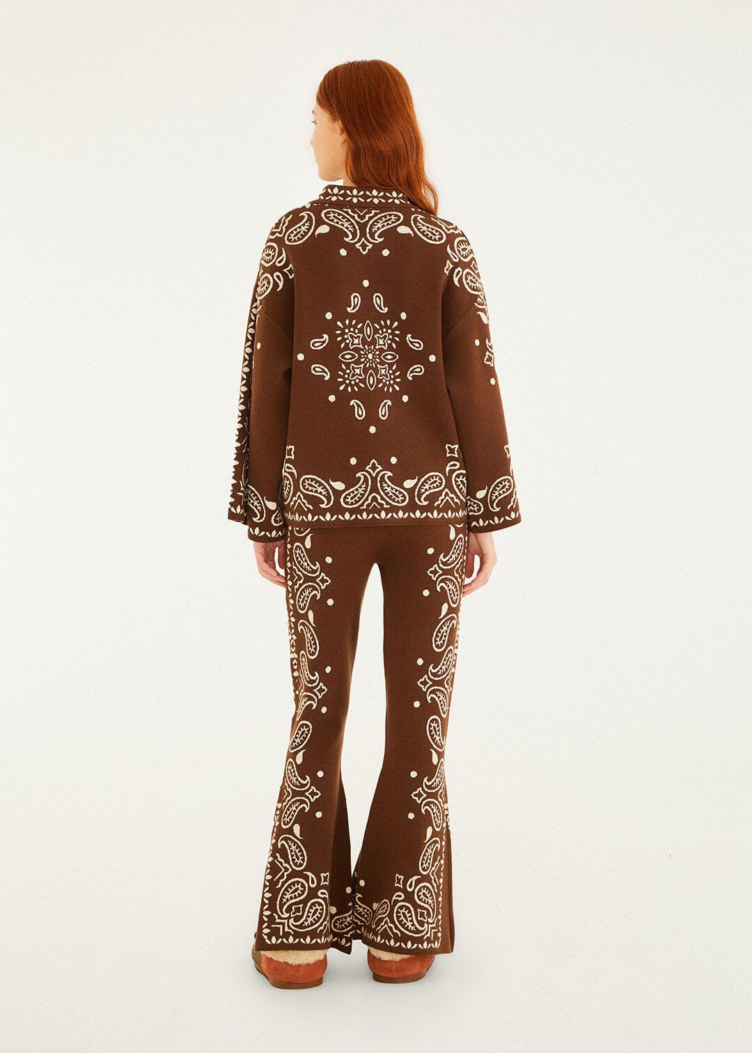Brown Bohemian Paisley Knit  Flare Pants