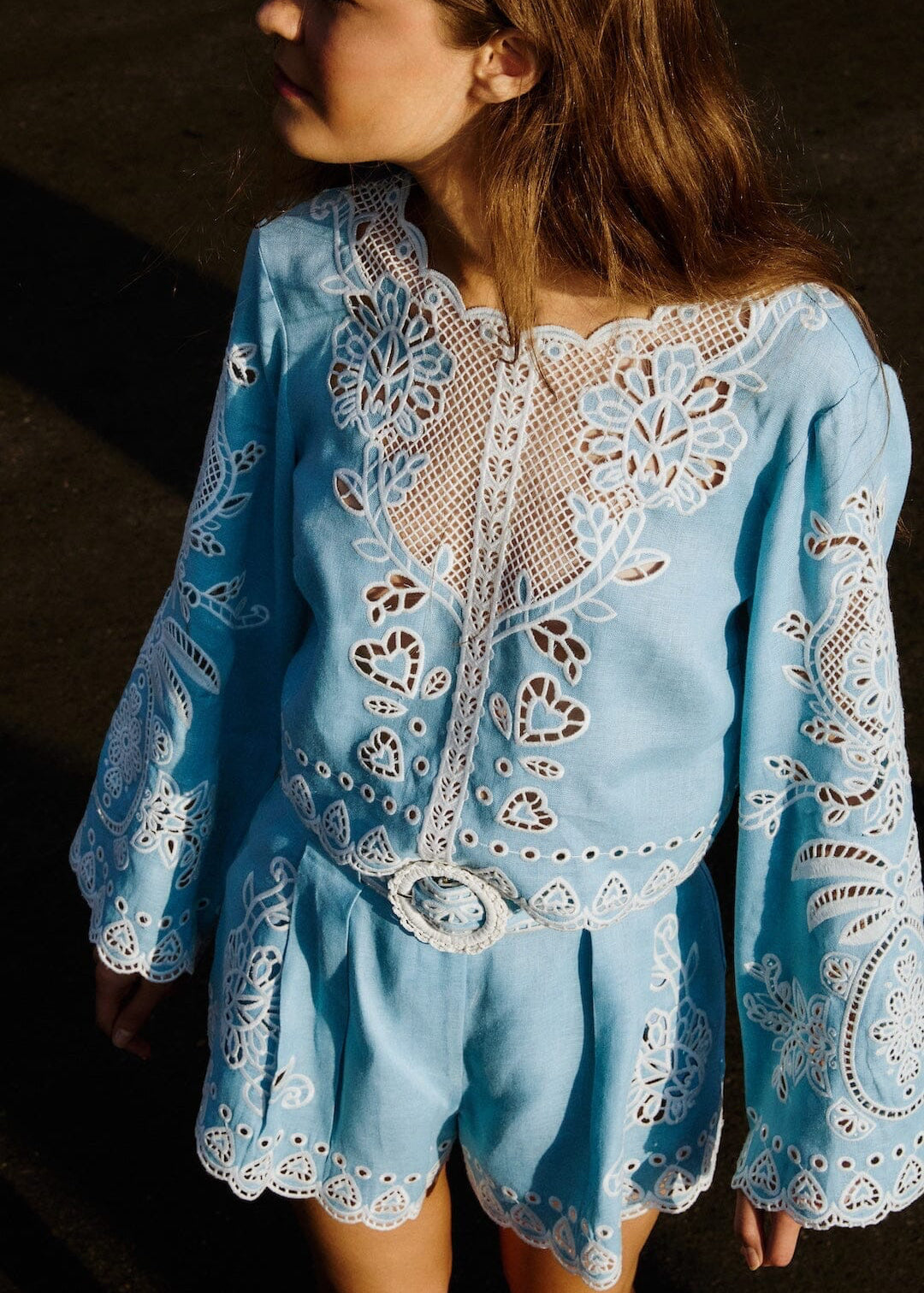 Light Blue Romantic Richelieu Linen Blouse