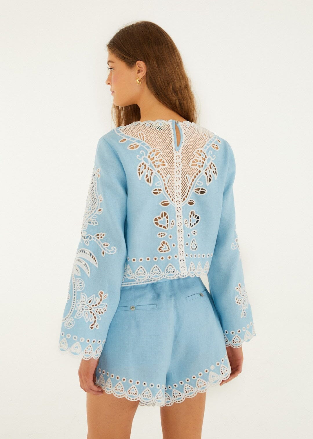 Light Blue Romantic Richelieu Linen Blouse