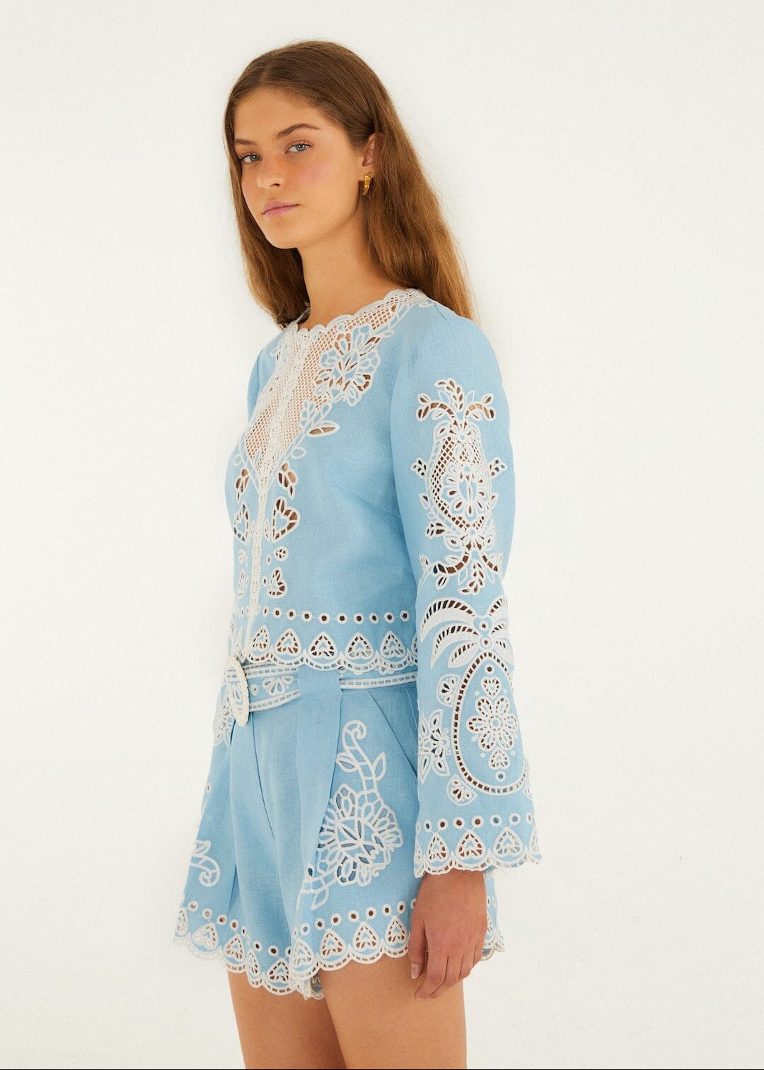 Light Blue Romantic Richelieu Linen Blouse