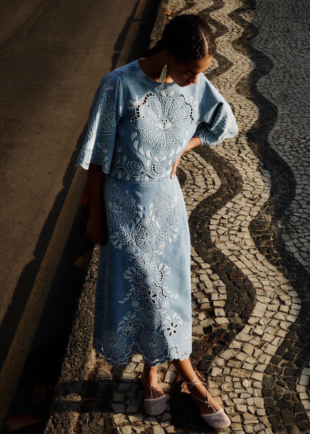 Denim Richelieux Midi Skirt