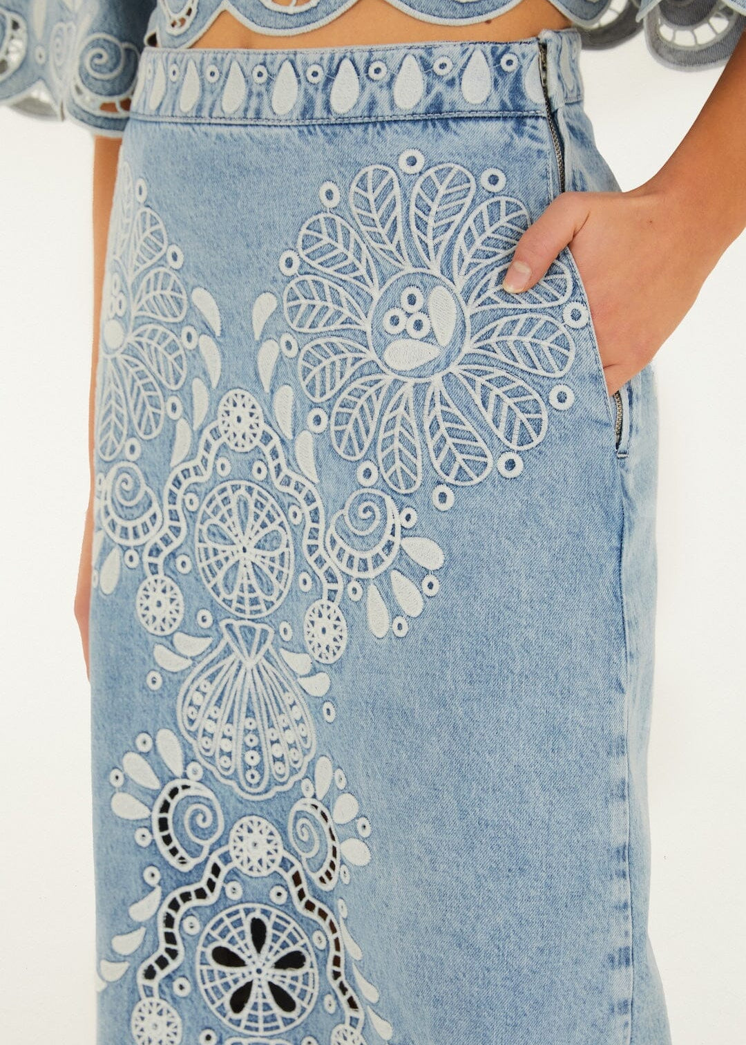 Denim Richelieux Midi Skirt