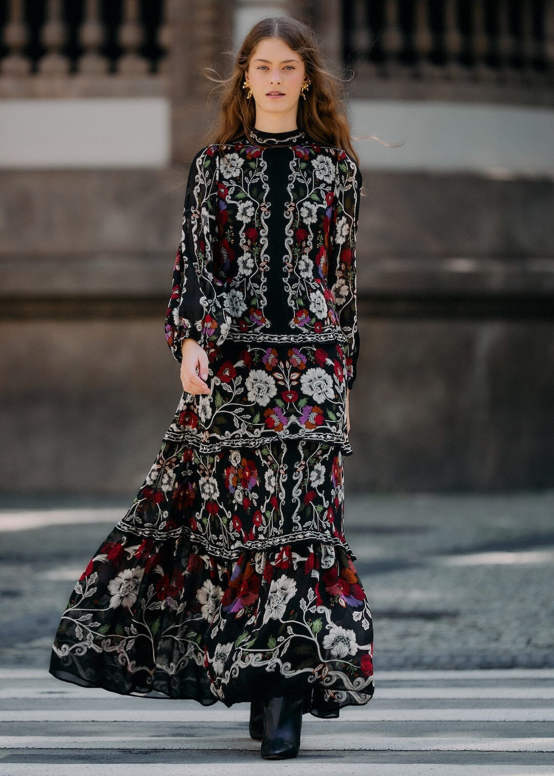 Rococo Flowers Black Ruffled Maxi Dress